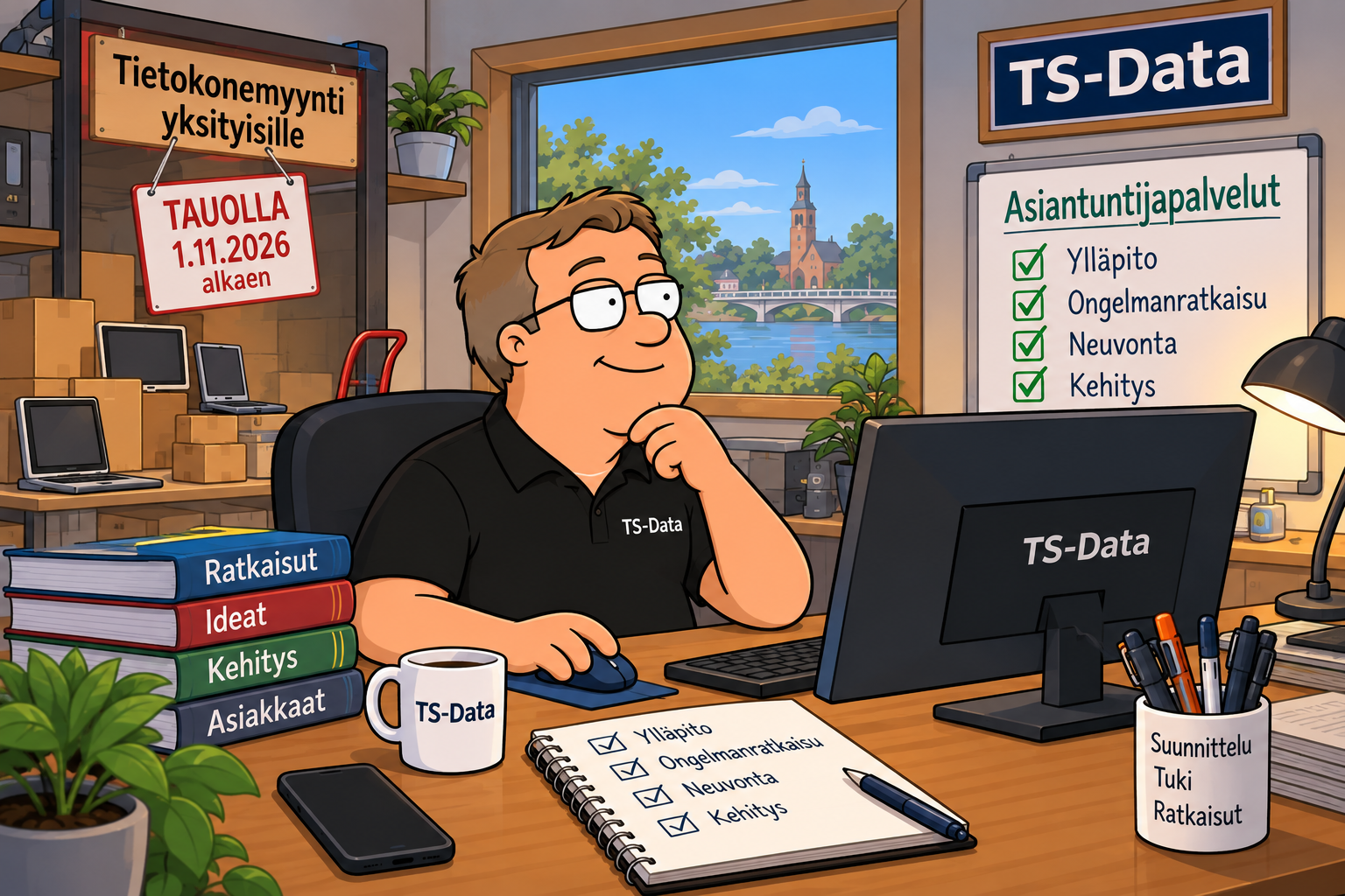 TS-Datan yksityisasiakkaille suunnattu tietokonemyynti jää tauolle. Kuva on tehty tekoälyllä